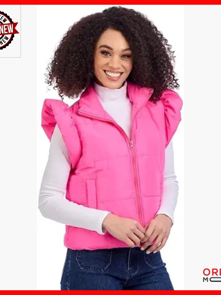 Quilted Vest With Ruffle Sleeves, Pockets, Zipper Closure, Polyester